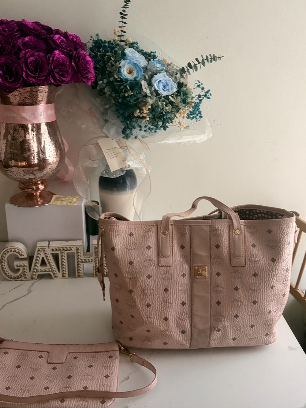 MCM Pink Monogram Tote with Matching Wristlet - Picture 2 of 6